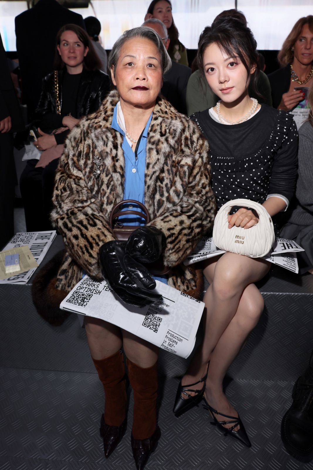 PARIS, FRANCE - OCTOBER 01: Qin Huilan and Zhao Jinmai attend the Miu Miu Paris Womenswear S/S 2025 show as part of Paris Fashion Week at Palais d'Iena on October 01, 2024 in Paris, France. (Photo by Victor Boyko/Getty Images for Miu Miu)