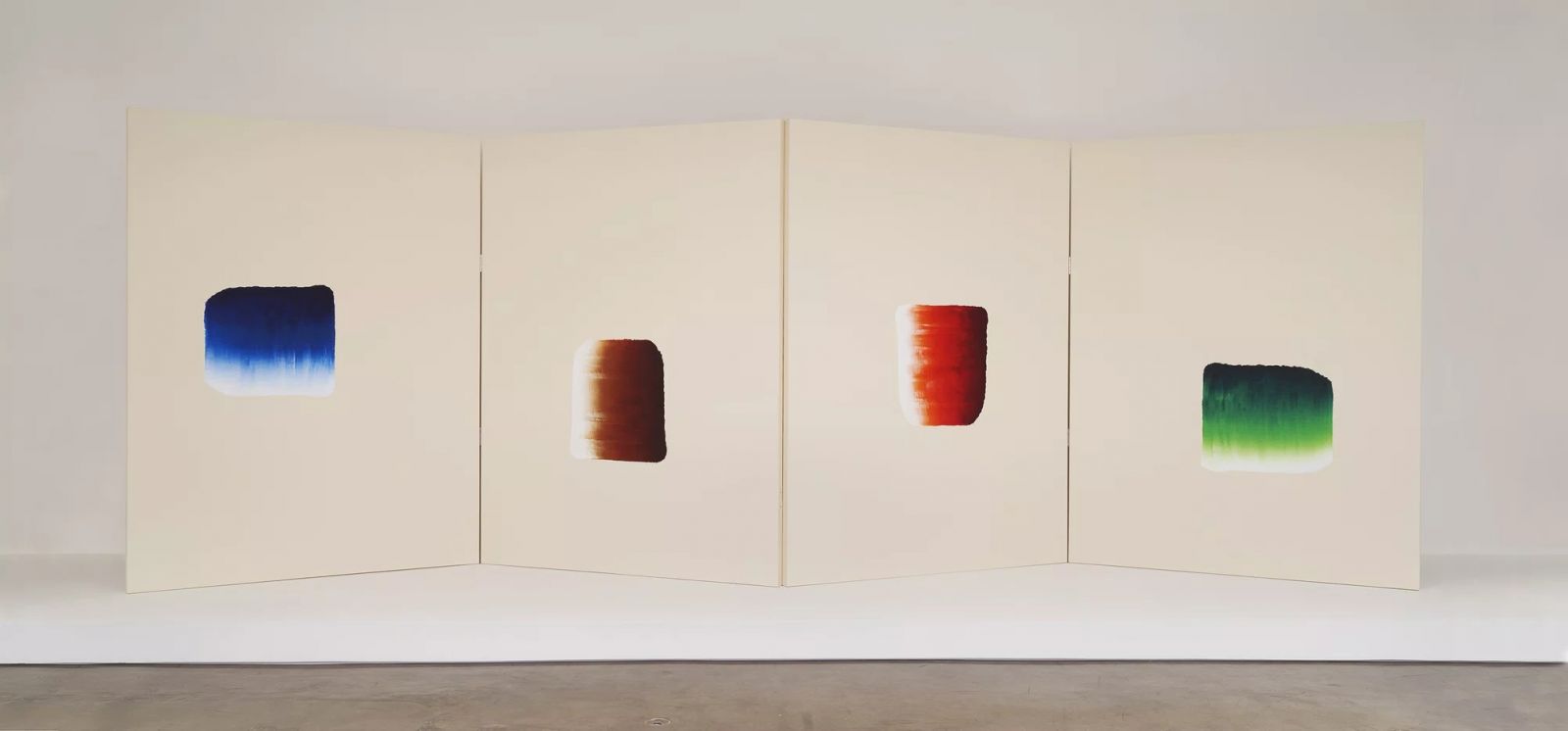 Lee Ufan, Dialogue, 2018, acrylic on canvas, 8' 6-3/8" × 76-3/8" (260 cm × 194 cm), 4 panels each 8' 6-3/8" × 22' 7" × 39-1/2" (260 cm × 688.3 cm × 100.3 cm), overall installed