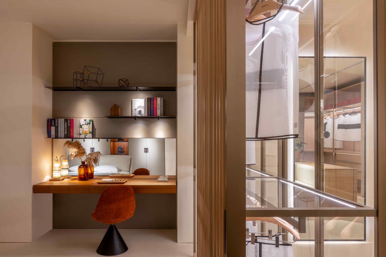 The Load-it bookcase with steel shelves and sabbia lacquered wall panels (Photo: Bonnie Yap Photography)