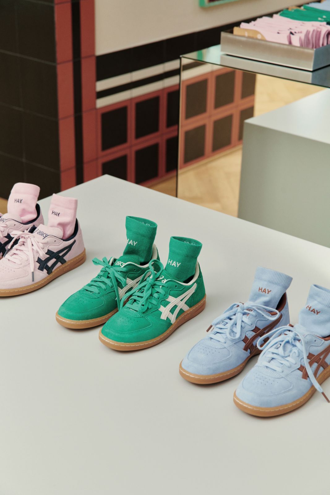 Hay’s collaboration with Asics resulted in a weekend bag as well as shoes in various colourways, among other products