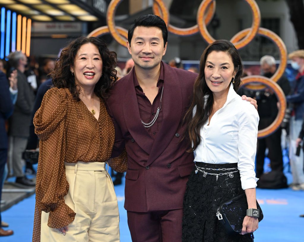 LONDON, ENGLAND - AUGUST 26: Sandra Oh, Simu Liu and Michelle Yeoh attend the UK premiere of "Shang-Chi and the Legend of the Ten Rings" at The Curzon Mayfair on August 26, 2021 in London, England. (Photo by Karwai Tang/WireImage)