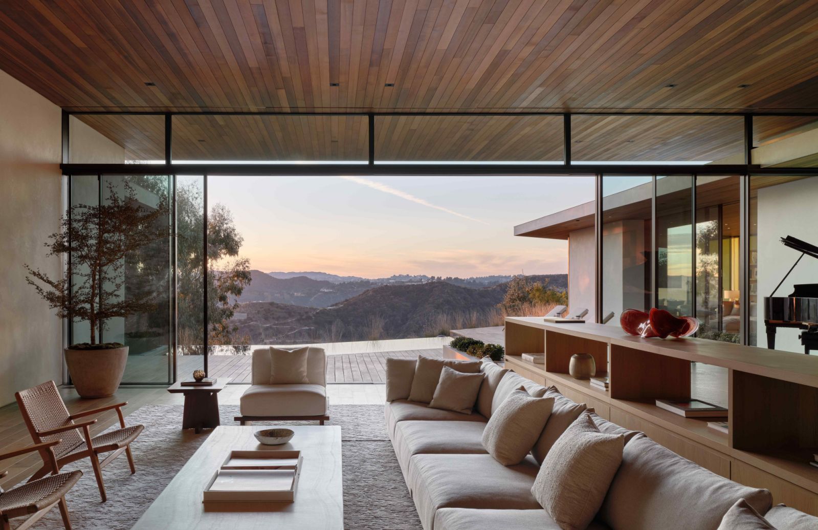 The sunken living room that takes advantage of the sunset view