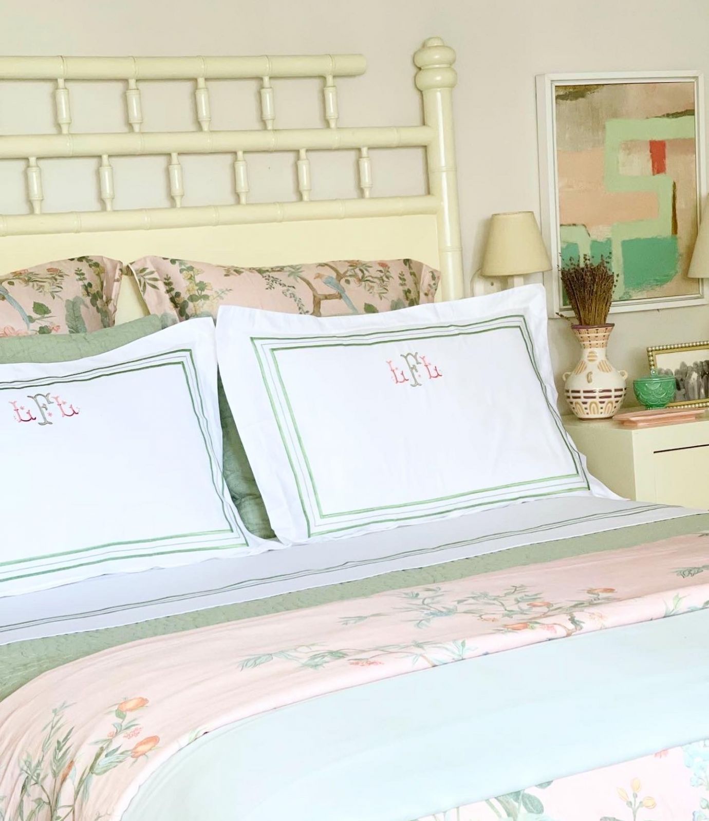 Personalised pillowcases and bedding from The Olive Tree in a playful pink and green colour scheme