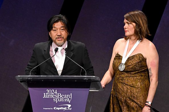CHICAGO, ILLINOIS - JUNE 10: (L-R) Edward Lee and Lindsey Ofcacek speak onstage during the 2024 James Beard Restaurant and Chef Awards at Lyric Opera Of Chicago on June 10, 2024 in Chicago, Illinois. (Photo by Daniel Boczarski/Getty Images for James Beard Foundation)