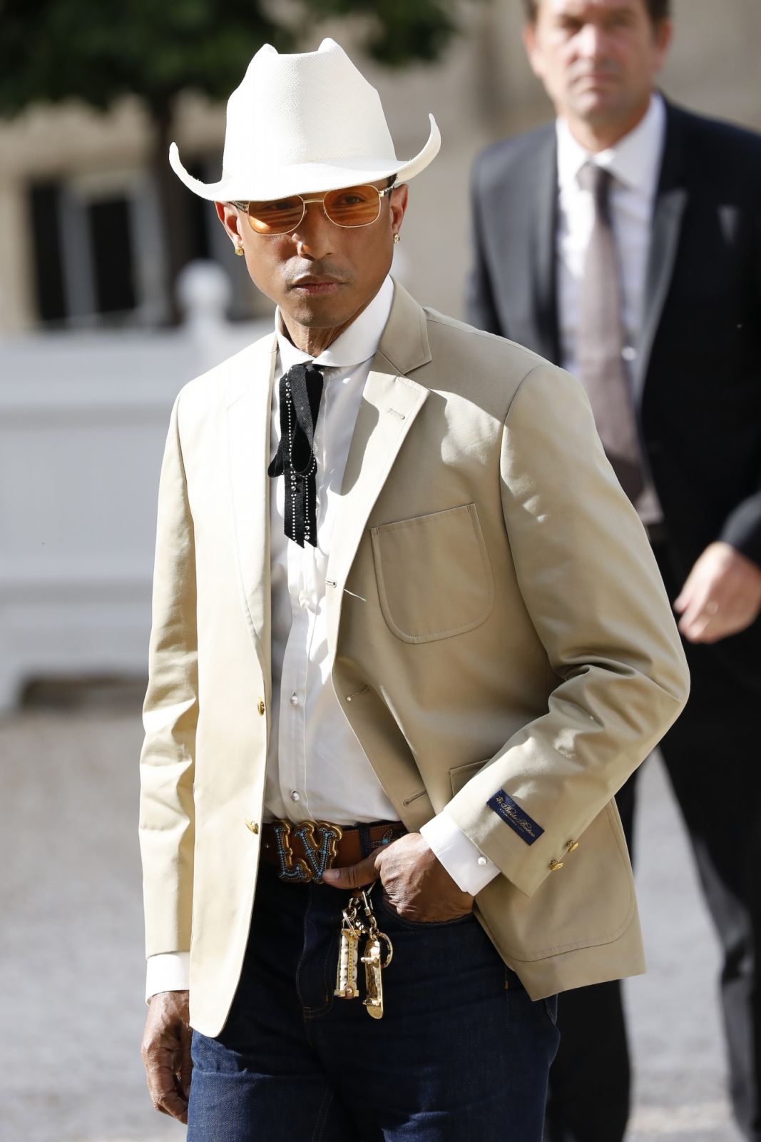 PARIS, FRANCE - JUNE 8: Pharrell Williams arrive to attend an official state dinner as part of US President's state visit to France, at the Presidential Elysee Palace on June 08, 2024 in Paris, France. U.S. President Joe Biden is in France to commemorate the 80th anniversary of the invasion of Normandy and to emphasize the continued role of the United States in helping to protect democratic values in Europe. (Photo by Antoine Gyori - Corbis/Corbis via Getty Images)