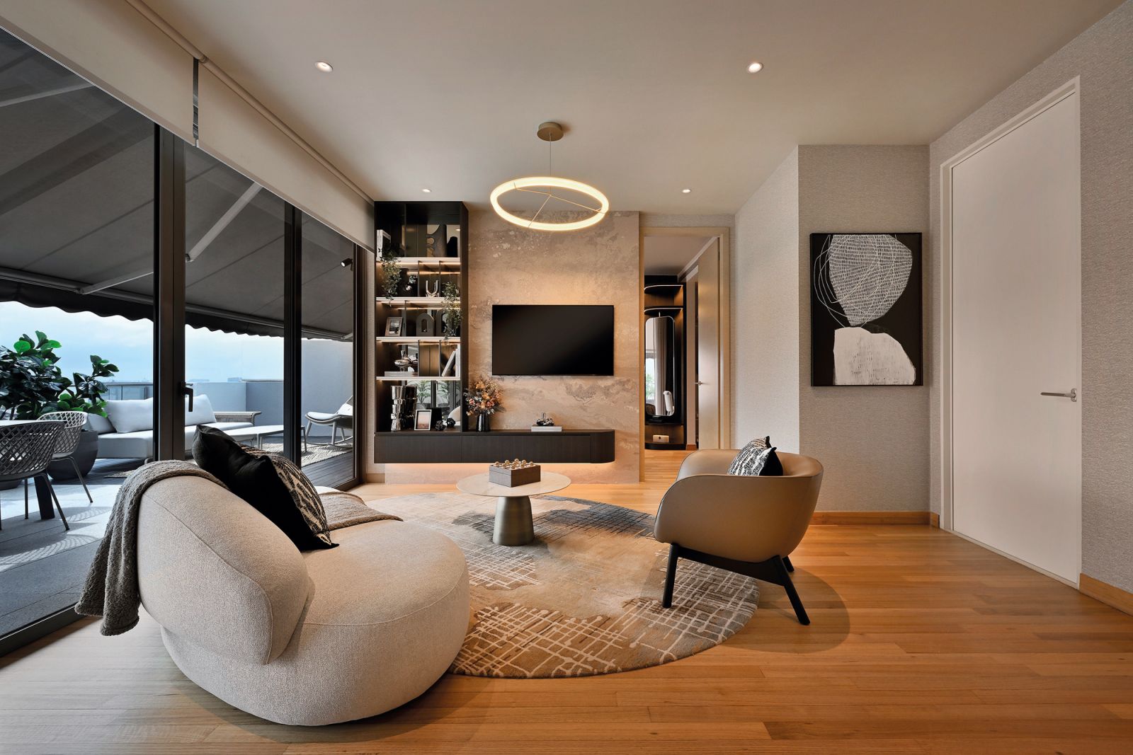 The inclusion of rounded forms makes for a cosy living room at this Sentosa residence