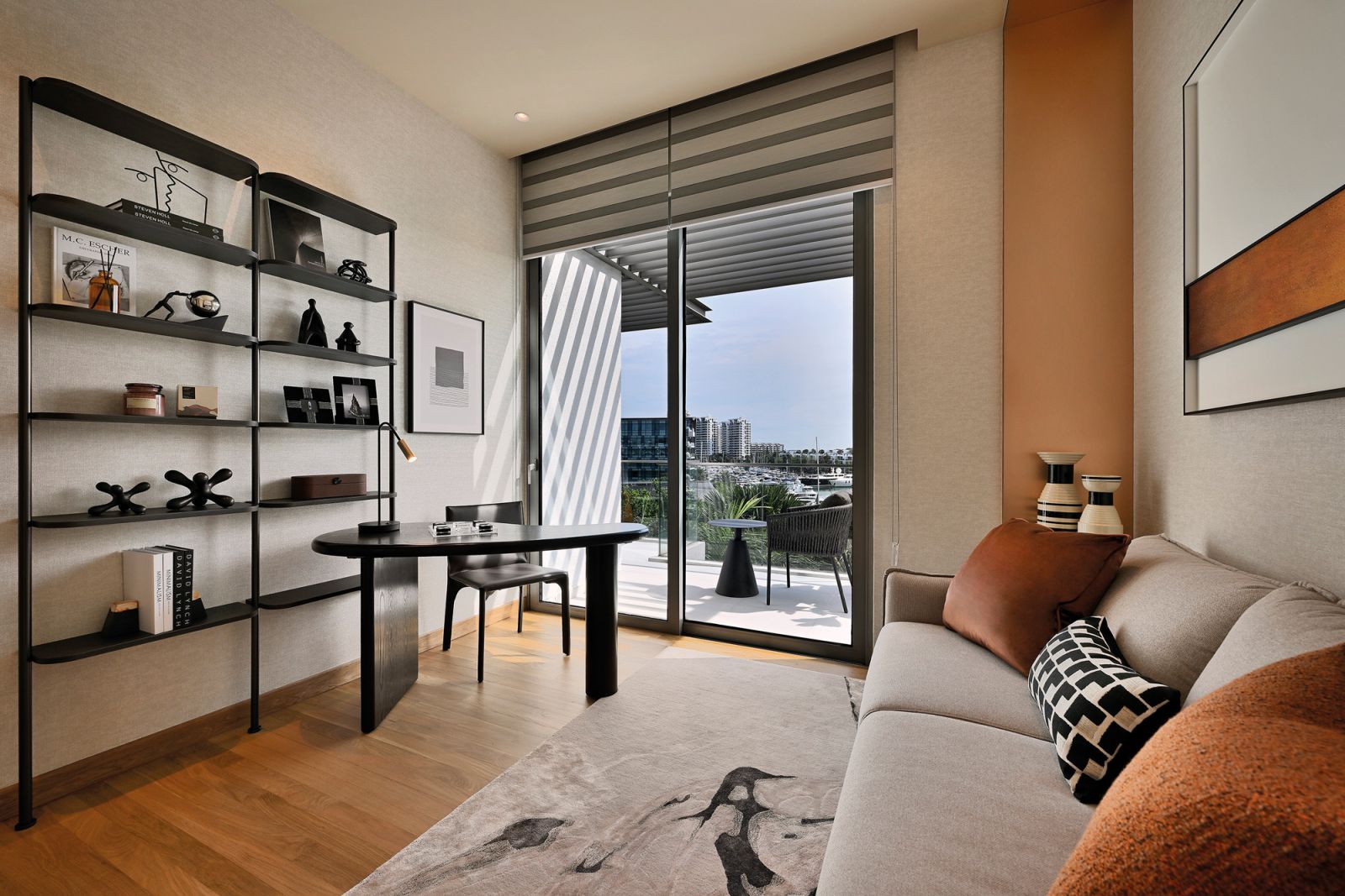 A stately study with a skyline view
