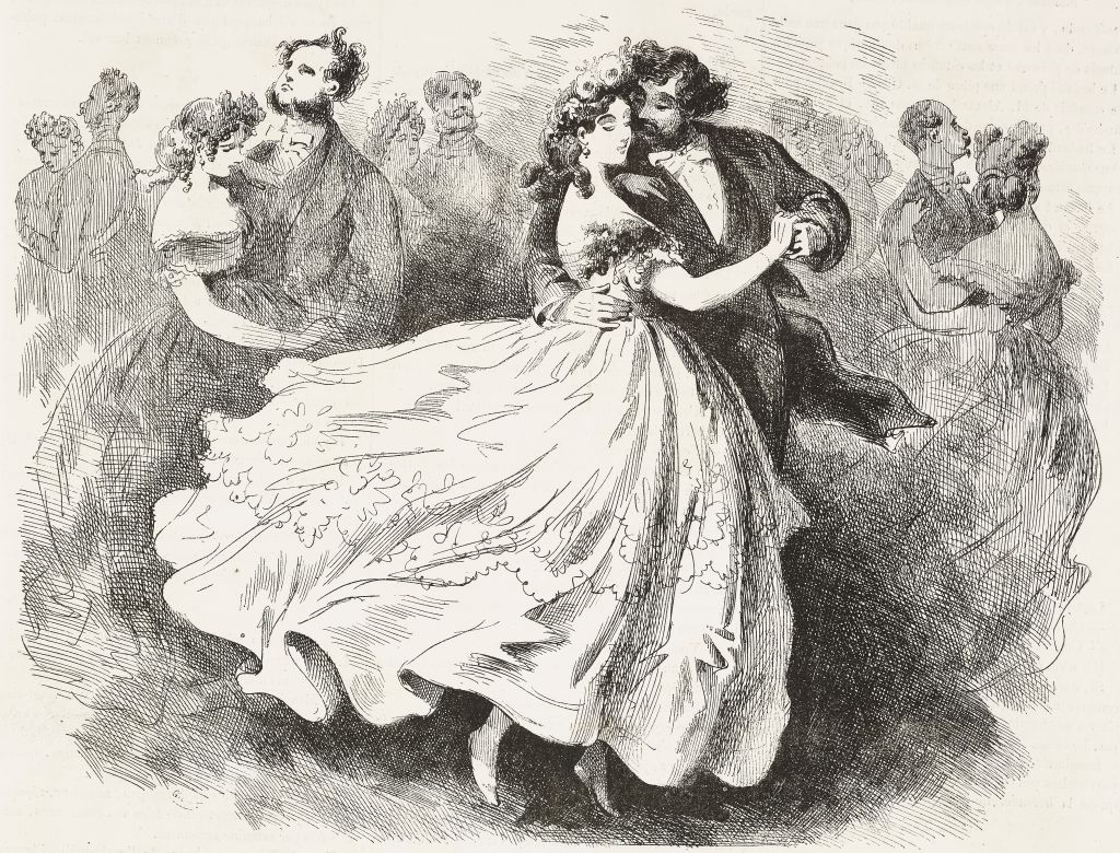 At the ball, a waltz: the ends of the men's mustaches skimming the women's cheeks, illustration by Emile Marcelin (1825-1887) from the Journal pour rire, Journal Amusant, No 263, January 12, 1861.