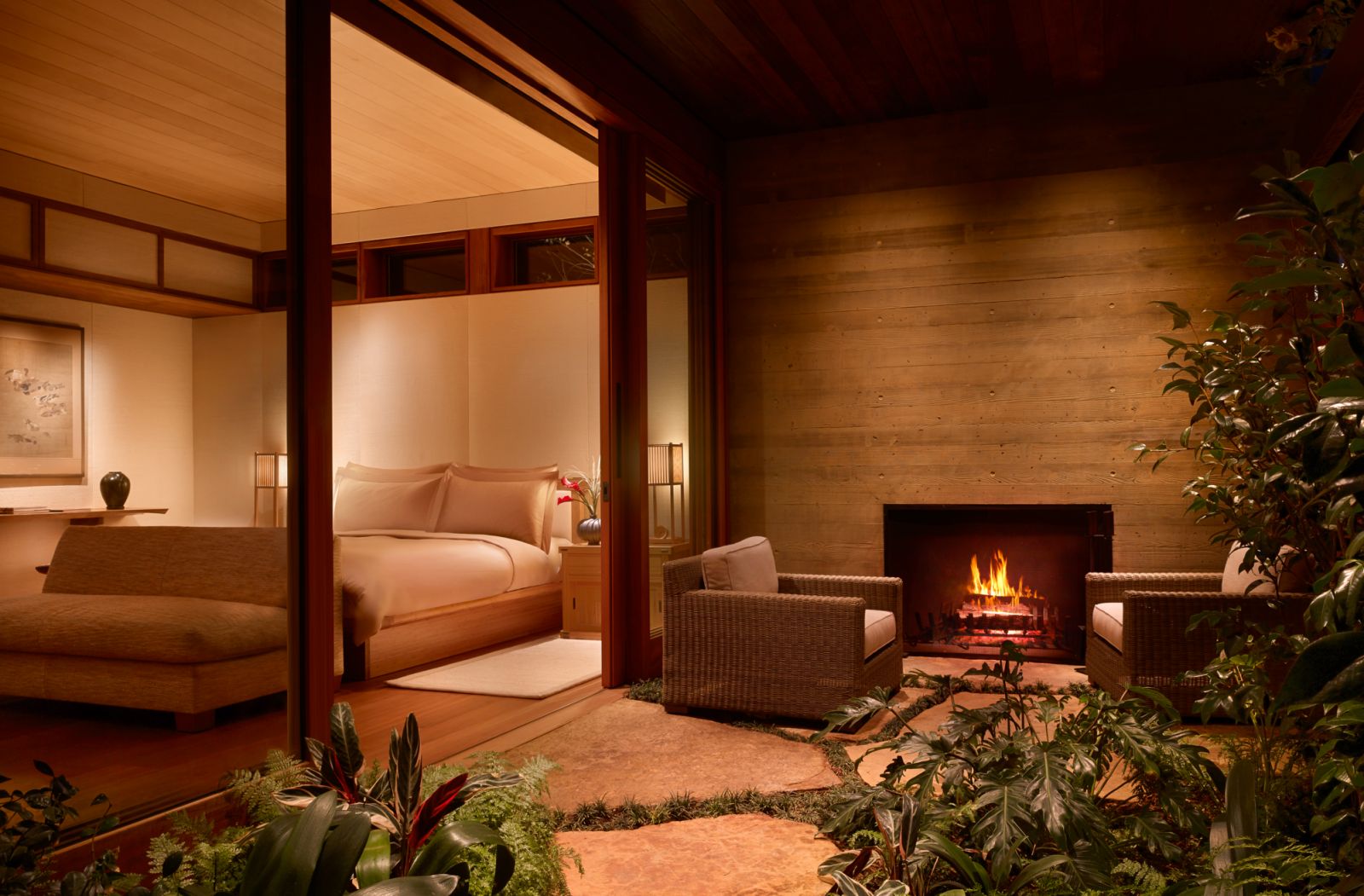 Indoor-outdoor fireplaces in serene private patios (Photo: Nobu Ryokan Malibu)
