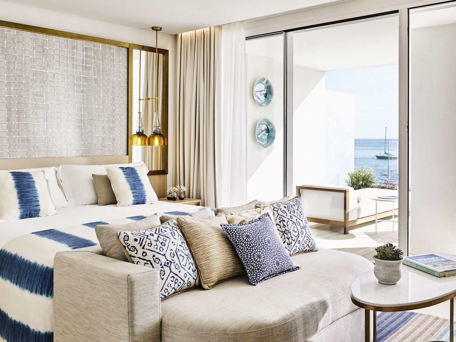 Celadon and lapis textiles in the guest suite (Photo: Nobu Hotel Ibiza Bay)