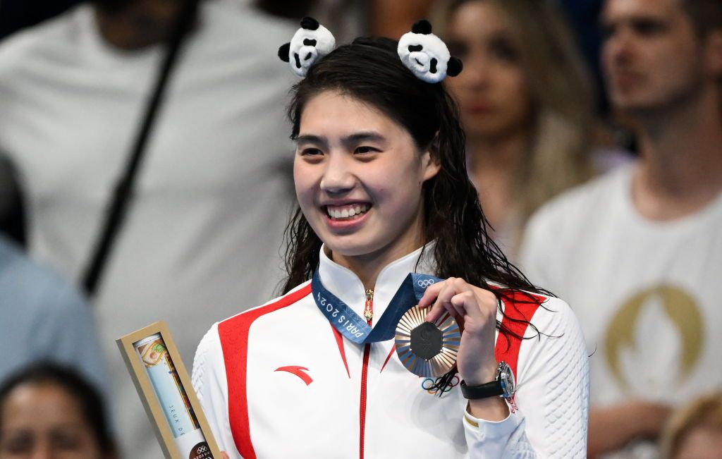 Bronze medalist Yufei Zhang of Team China after the women's 50m freestyle final at the Paris La Défense Arena during the 2024 Paris Summer Olympic Games in Paris, France. (Photo By Stephen McCarthy/Sportsfile via Getty Images)