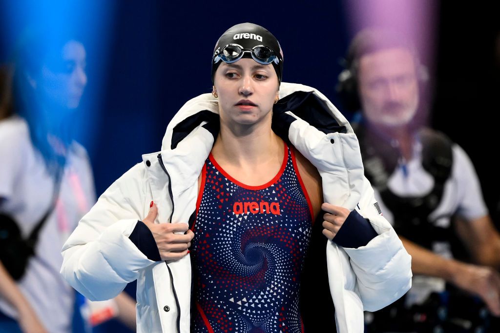 Kate Douglass of United States of America prepares to compete in the swimming 200m Individual Medley Women Final during the Paris 2024 Olympic Games. Kate Douglass placed second winning the silver medal. (Photo by Deepbluemedia/Insidefoto/LightRocket via Getty Images)