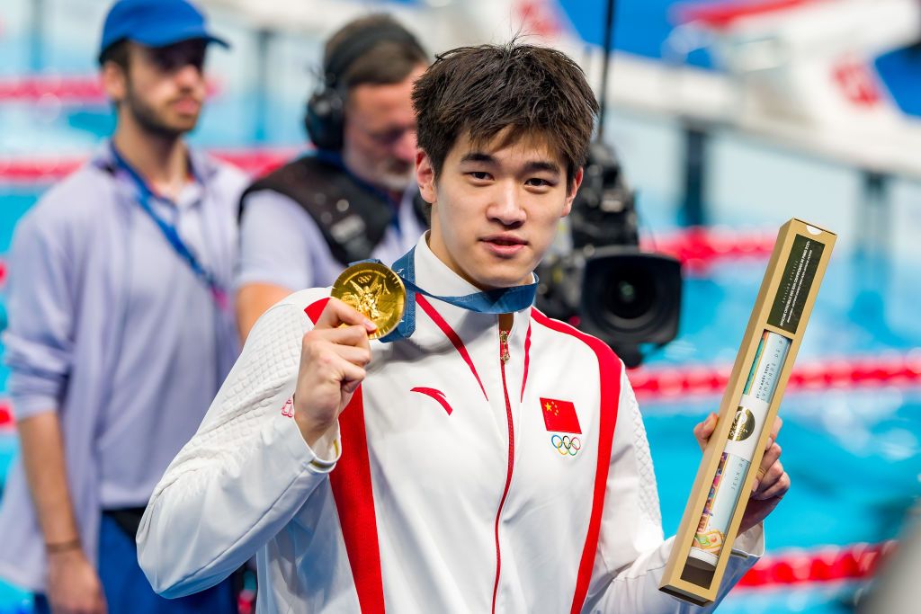 Gold Medalist Pan Zhanle after the men’s 100m freestyle final on day five of the Olympic Games Paris 2024 at Paris La Defense Arena on July 31, 2024 in Nanterre, France. (Photo by Andy Cheung/Getty Images)