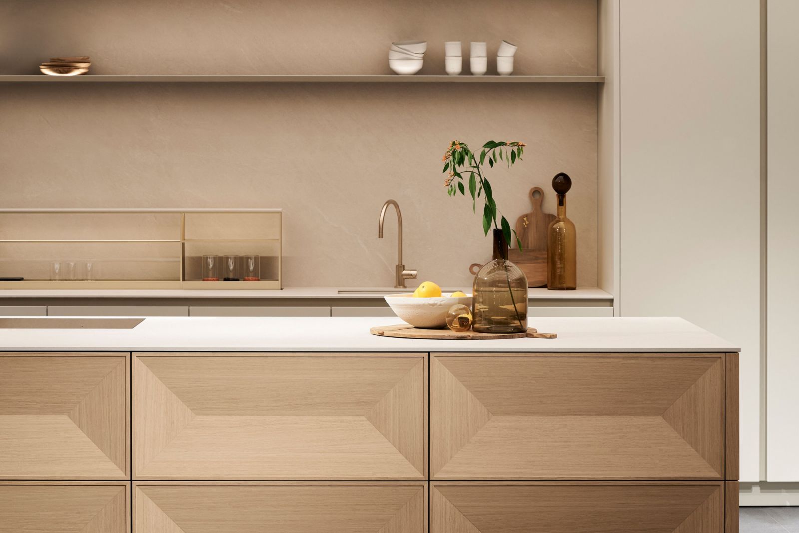 The Poggenpohl Beauphoria kitchen concept in light oak, one of the two kitchen concepts presented at the brand’s 2024 in-house fair in Herford, Germany