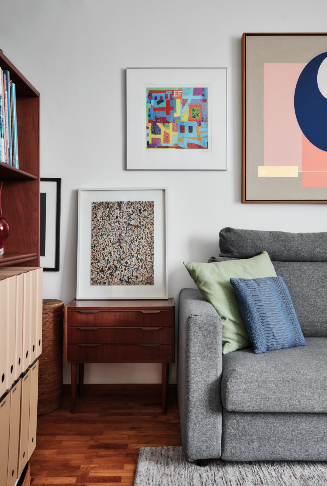 A view of the husband’s study, featuring works by Gary-Ross Pastrana, among other artists
