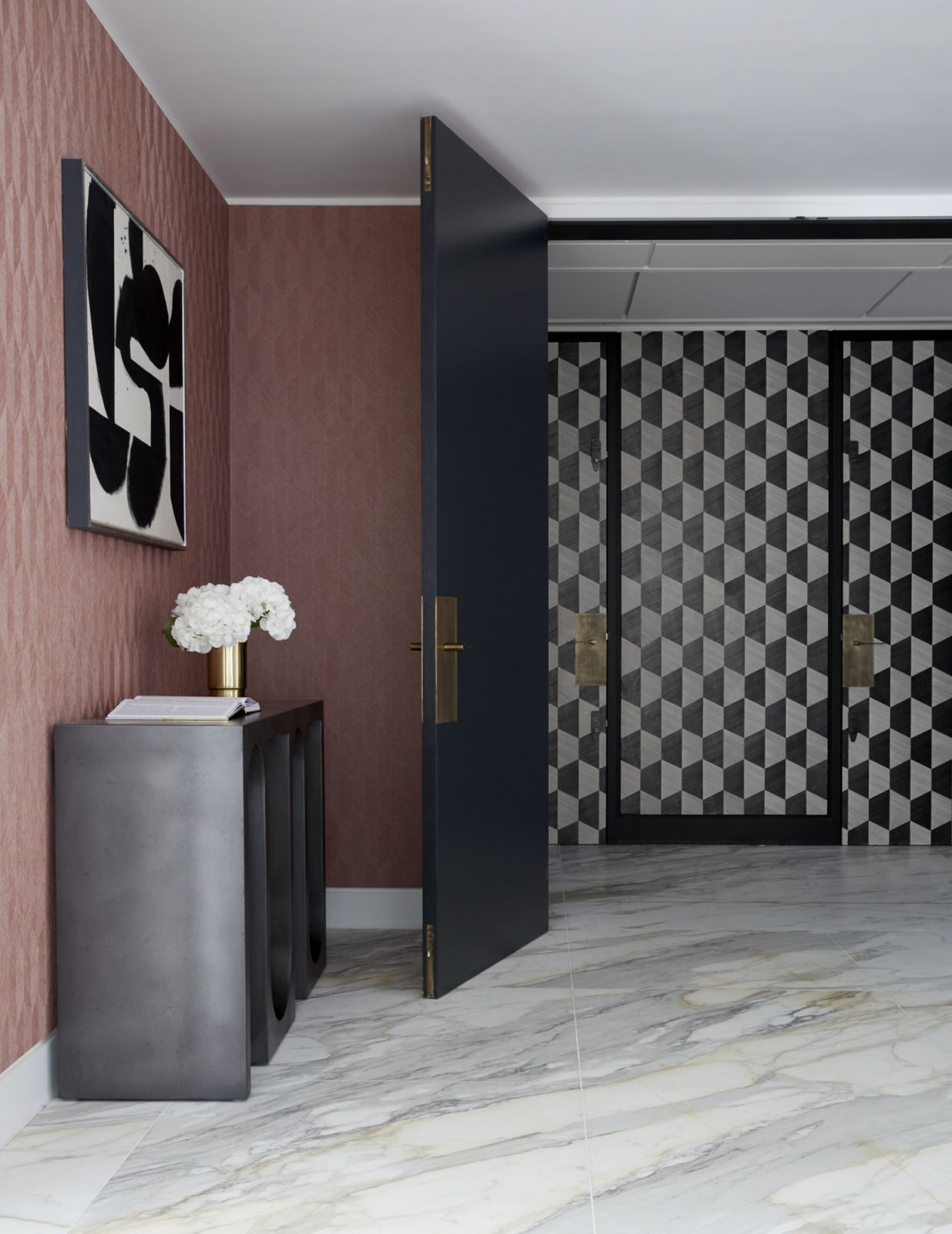 The hand-painted monochrome chequered walls at the entrance