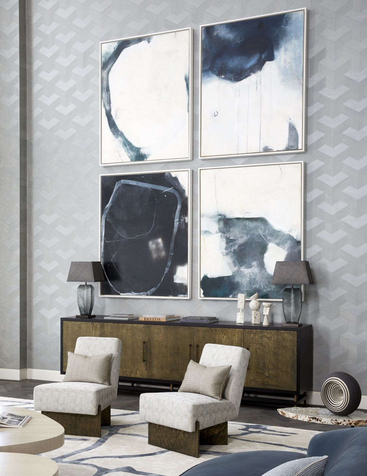 An extensive layering of patterns, textures, and finishes