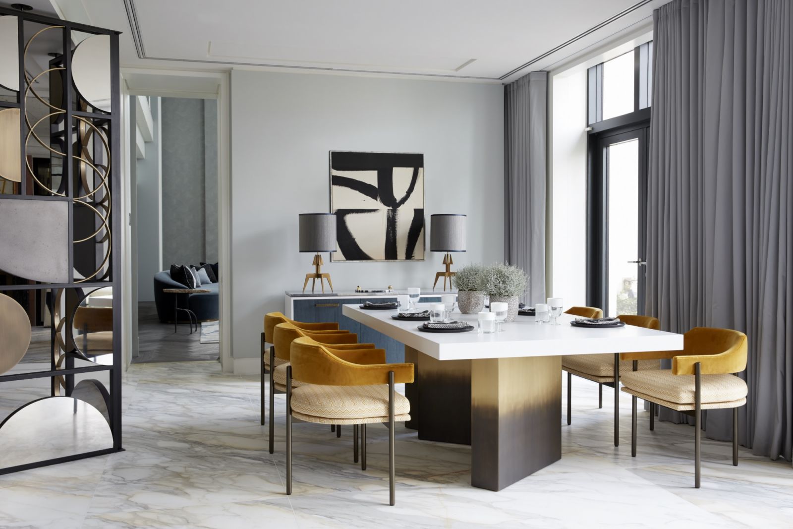 Mustard yellow chairs in the more intimate breakfast room