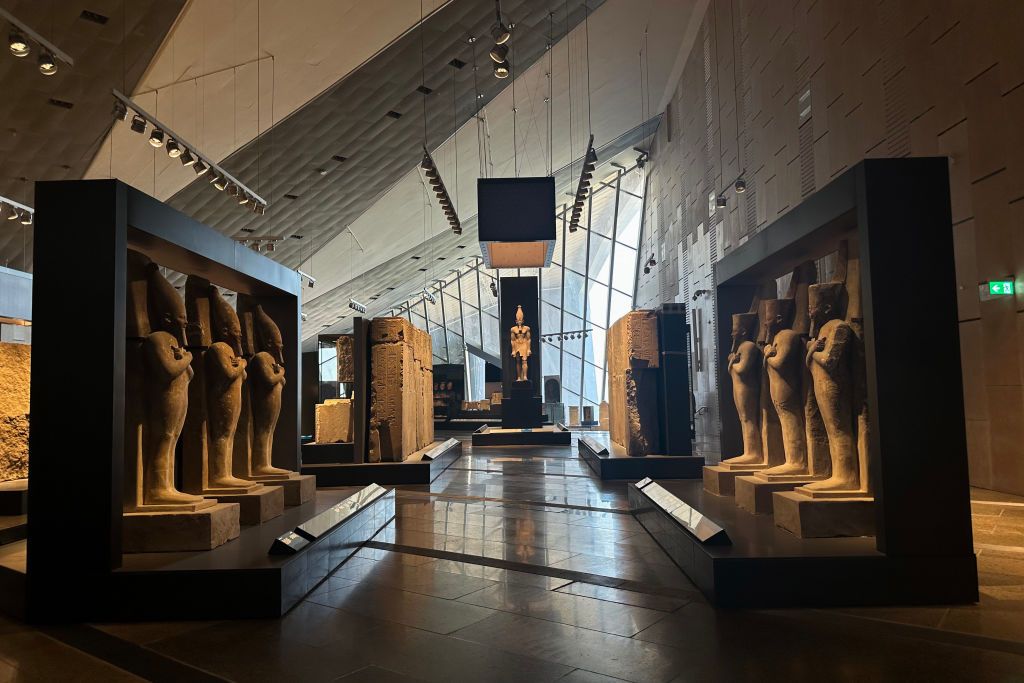 15 October 2024, Egypt, Giza: A view inside the Grand Egyptian Museum (GEM) in Giza. A partial soft opening of the Grand Egyptian Museum will start on Wednesday, October 16, with a trial operation for the museum's main hall and a gradual operation of some other sections in preparation for the grand official opening. Photo: Gehad Hamdy/dpa (Photo by Gehad Hamdy/picture alliance via Getty Images)