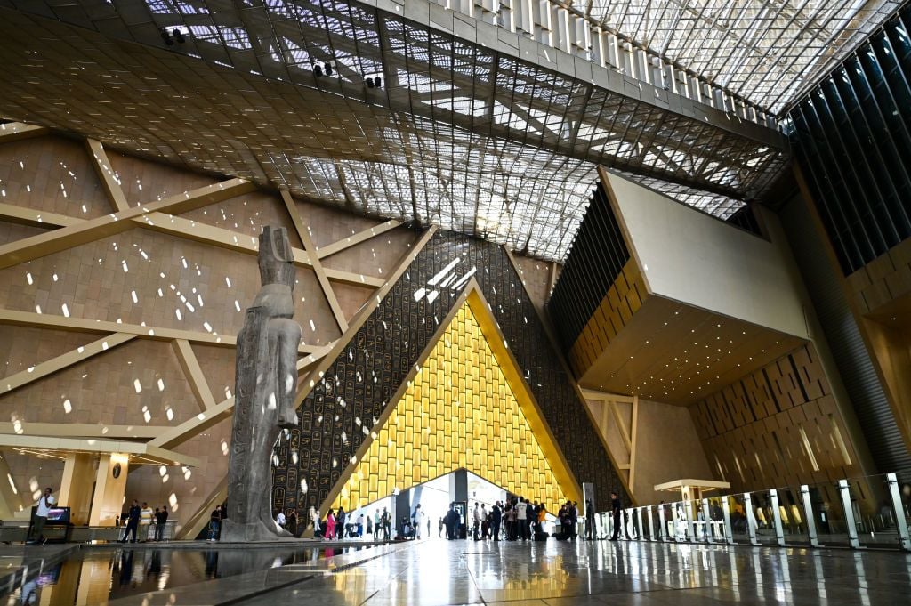 GIZA, EGYPT - OCTOBER 15: An exterior view of the Grand Egyptian Museum in Giza, Egypt, during the trial partial operation on October 15, 2024 in Giza, Egypt. With 872,000 square-feet of floorspace, the Grand Egyptian Museum is the largest archaeological museum in the world. (Photo by Sayed Hassan/Getty Images)