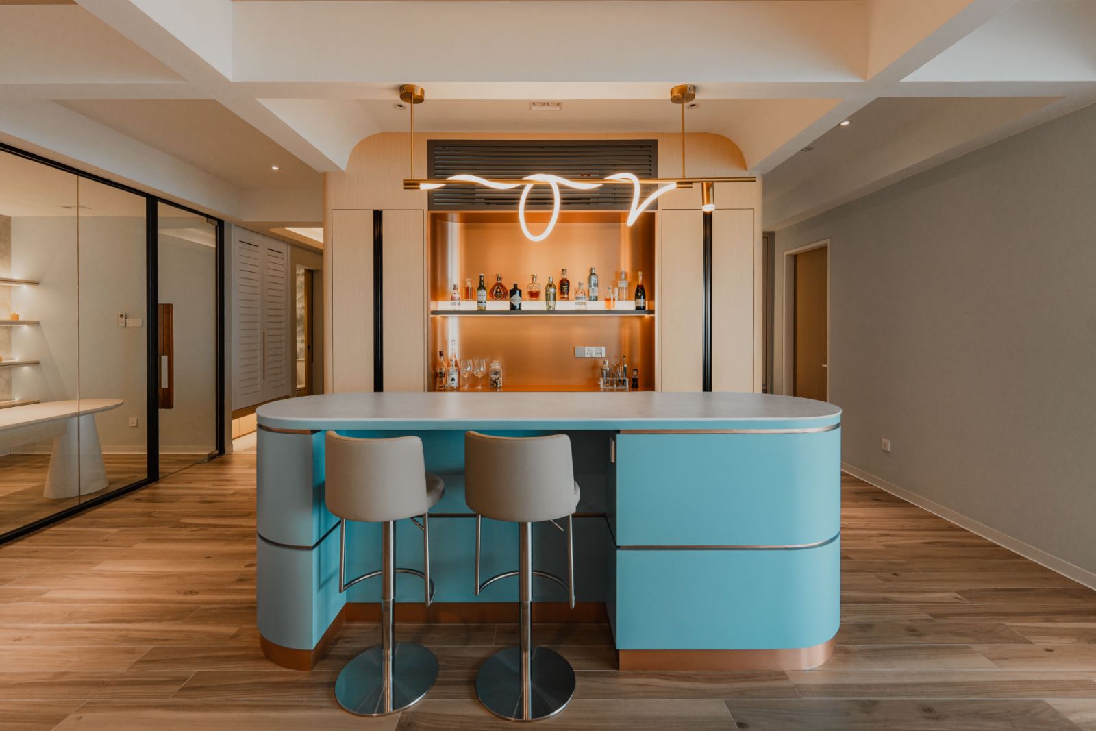 The bar area was designed around the owner's passion for wines