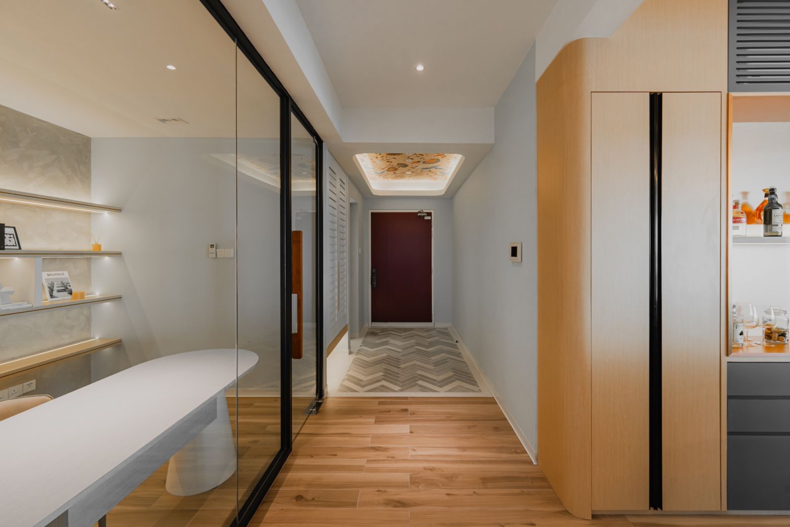 The neatly appointed study and corridor