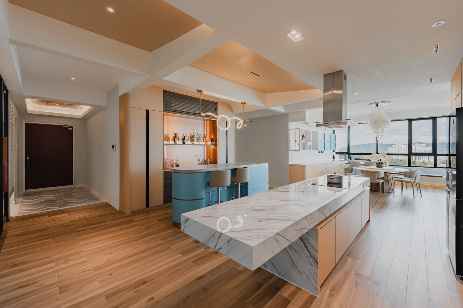 Open plan spaces make the condo feel expansive