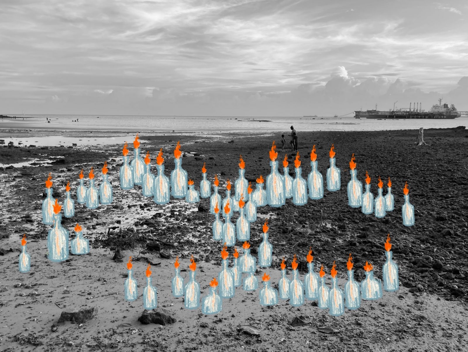 Sharon Chin’s ‘Portal’ (2024), site-specific installation with oil lamps and wheatpasted poster images, dimensions variable (Photo: Sharon Chin)