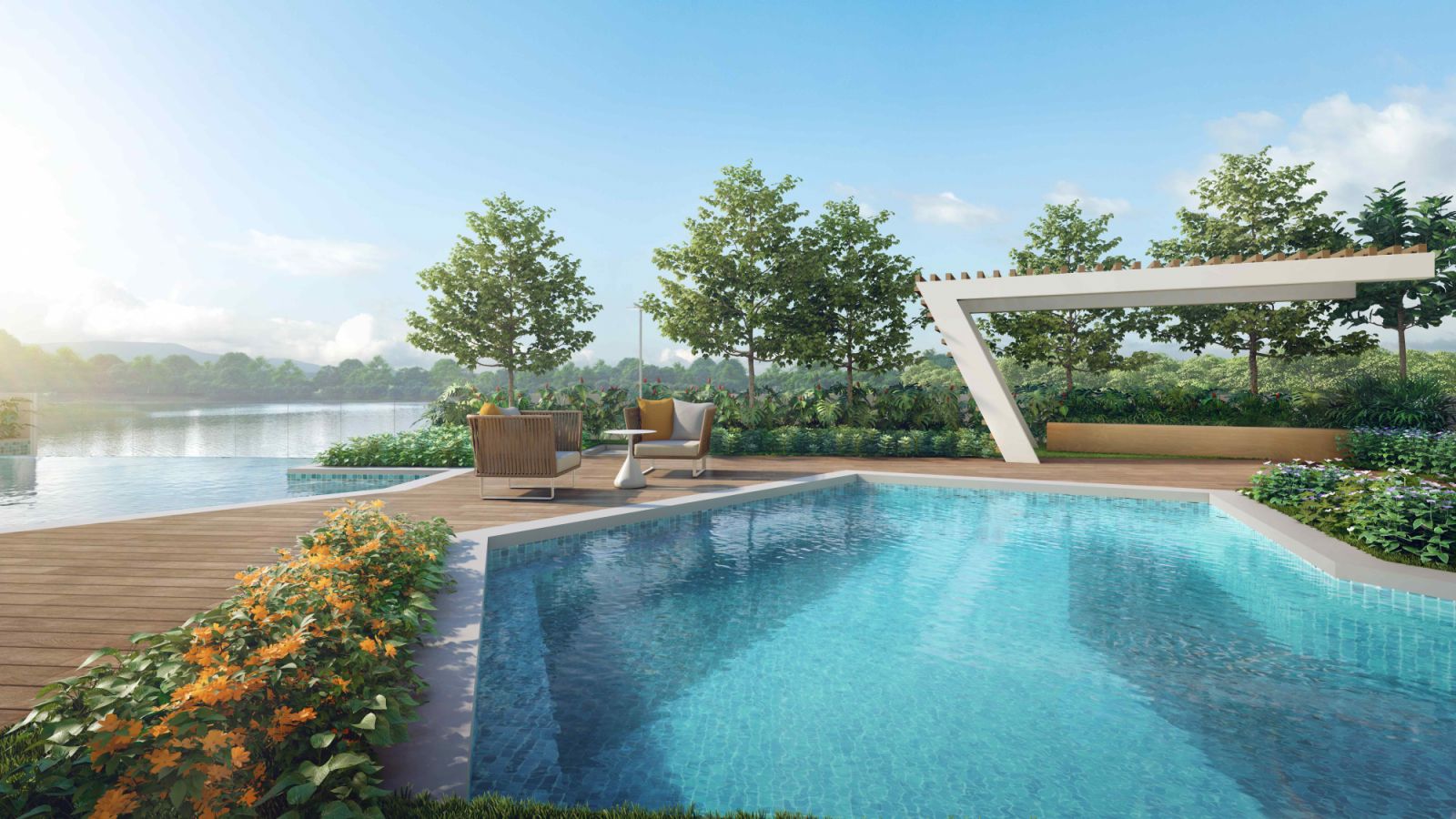 The infinity-edge pool seems to merge with the lake beyond