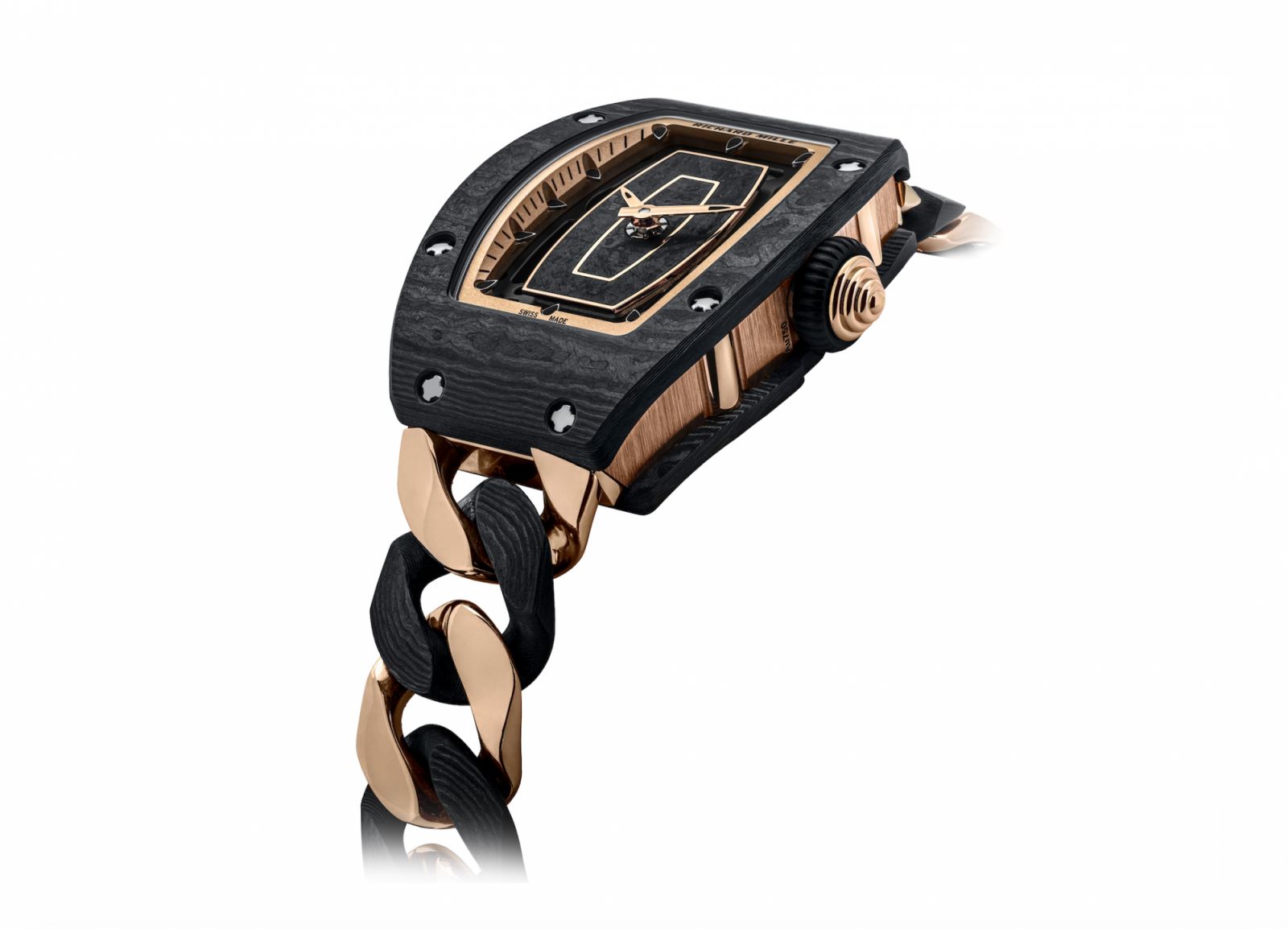 RM 07-01自動上鍊腕錶搭配紅金與Carbon TPT®碳纖維open link錶鍊。(Photo: Richard Mille)