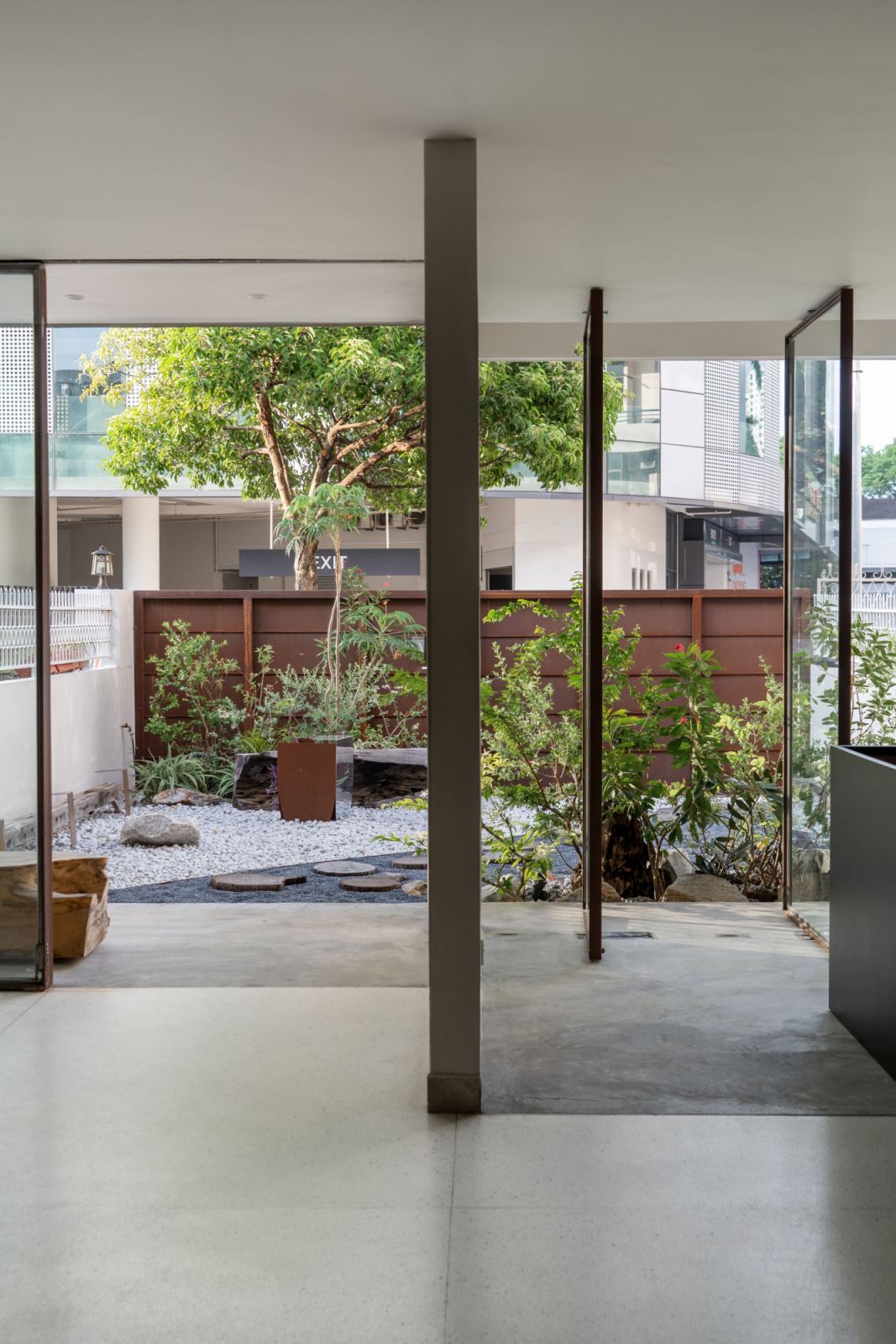 The outside garden sets the mood for the serene office