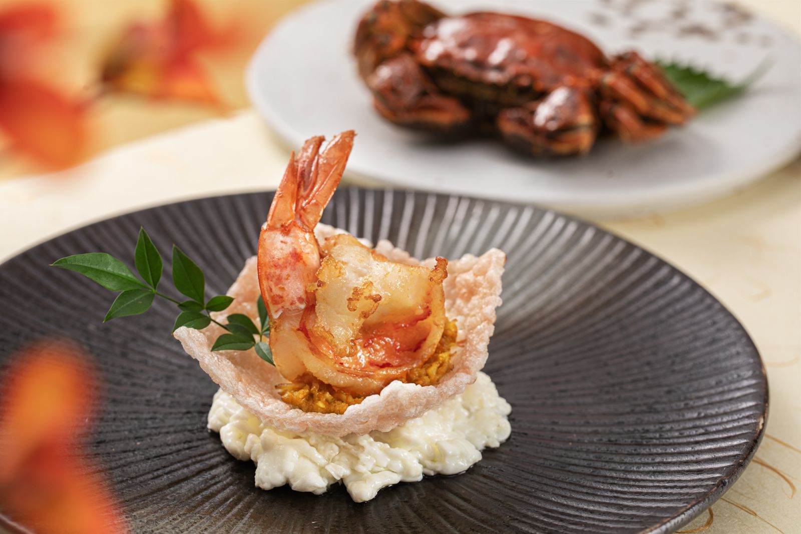 Braised tiger prawn, hairy crab roe, egg white, crispy rice at Cuisine Cuisine at The Mira