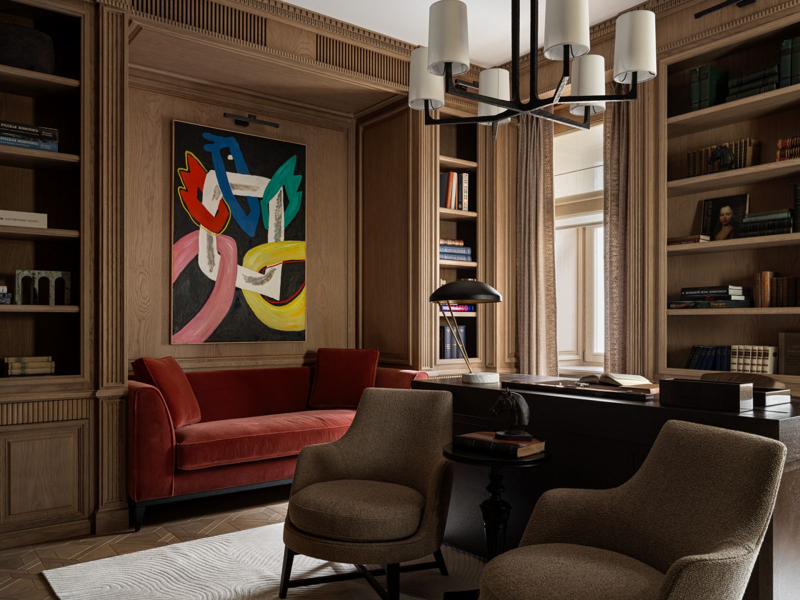 The study, which highlights the intricacy of the woodwork that is complemented by the unexpectedly dynamic artwork