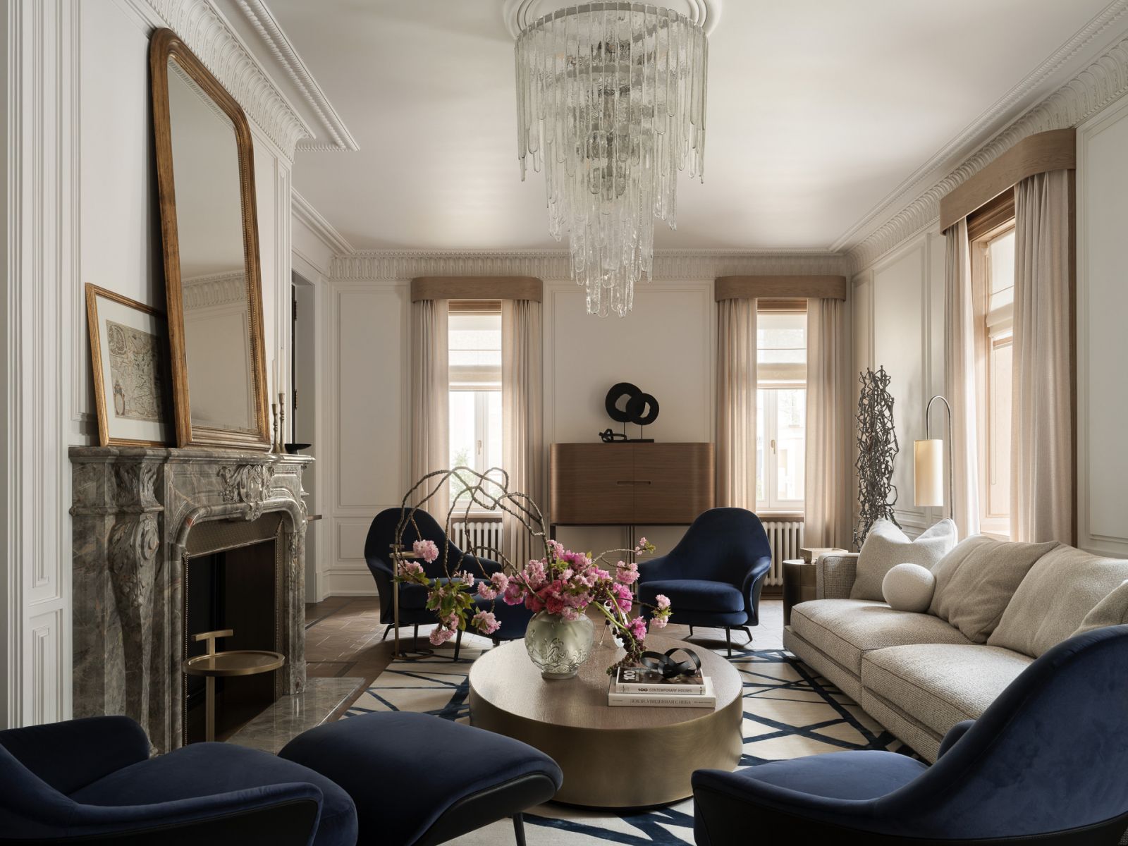 The living room in this Moscow family home, which features a unique blend of traditional and contemporary styles