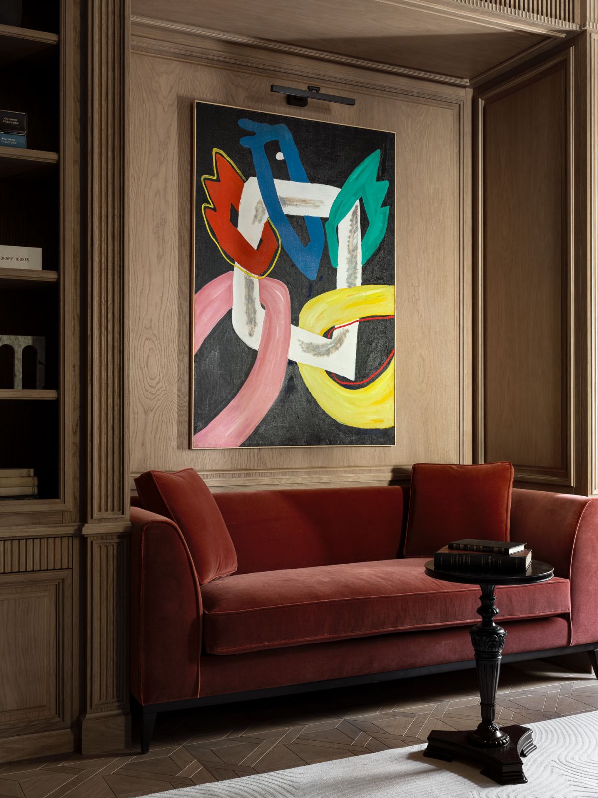 Close-up of a vibrant painting in the office, which adds unexpected dynamism to the space