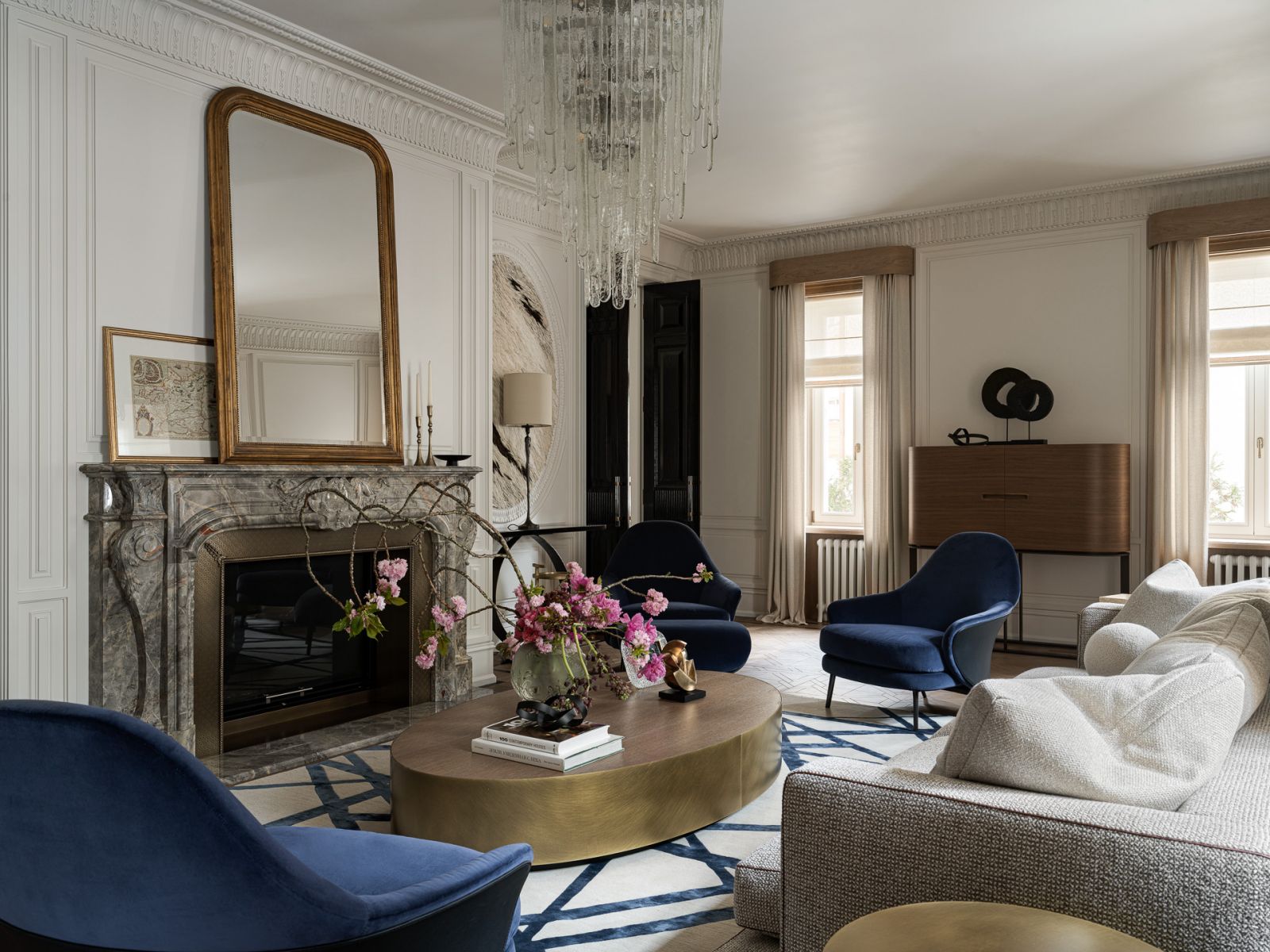 The living room in this Moscow family home, which features a unique blend of traditional and contemporary styles