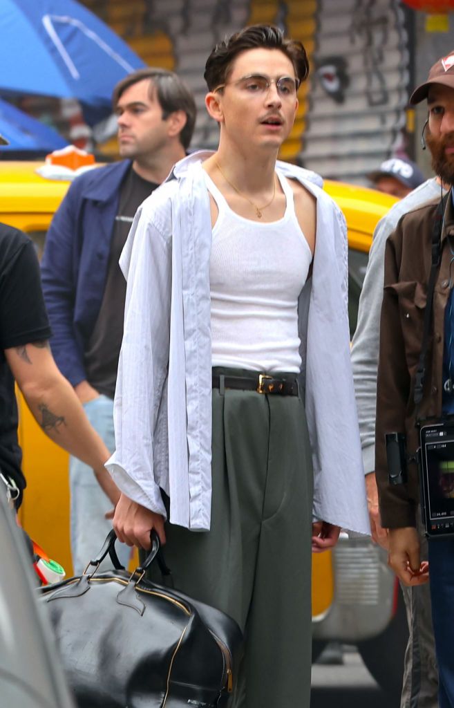 NEW YORK, NY - OCTOBER 07: Timothée Chalamet is seen filming at the "Marty Supreme" set in Downtown, Manhattan on October 07, 2024 in New York City. (Photo by Jose Perez/Bauer-Griffin/GC Images)