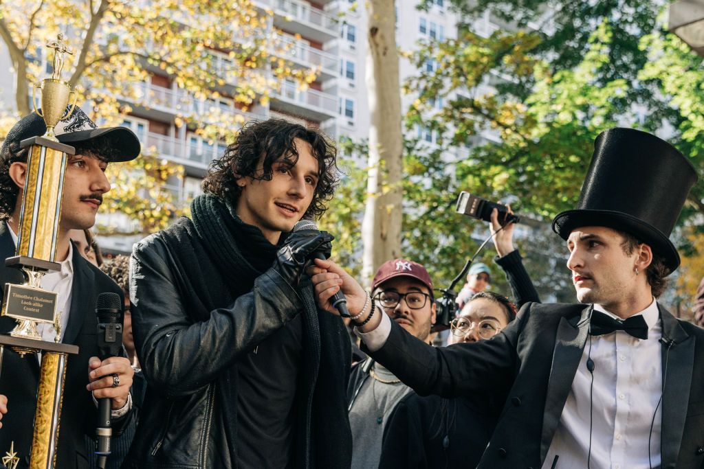 MANHATTAN, NY - Oactorber 27 : Zander Dueve speaks during a Timothee Chalamet lookalike contest in New York on Oct 27, 2024. (Photo by Jeenah Moon for The Washington Post via Getty Images)