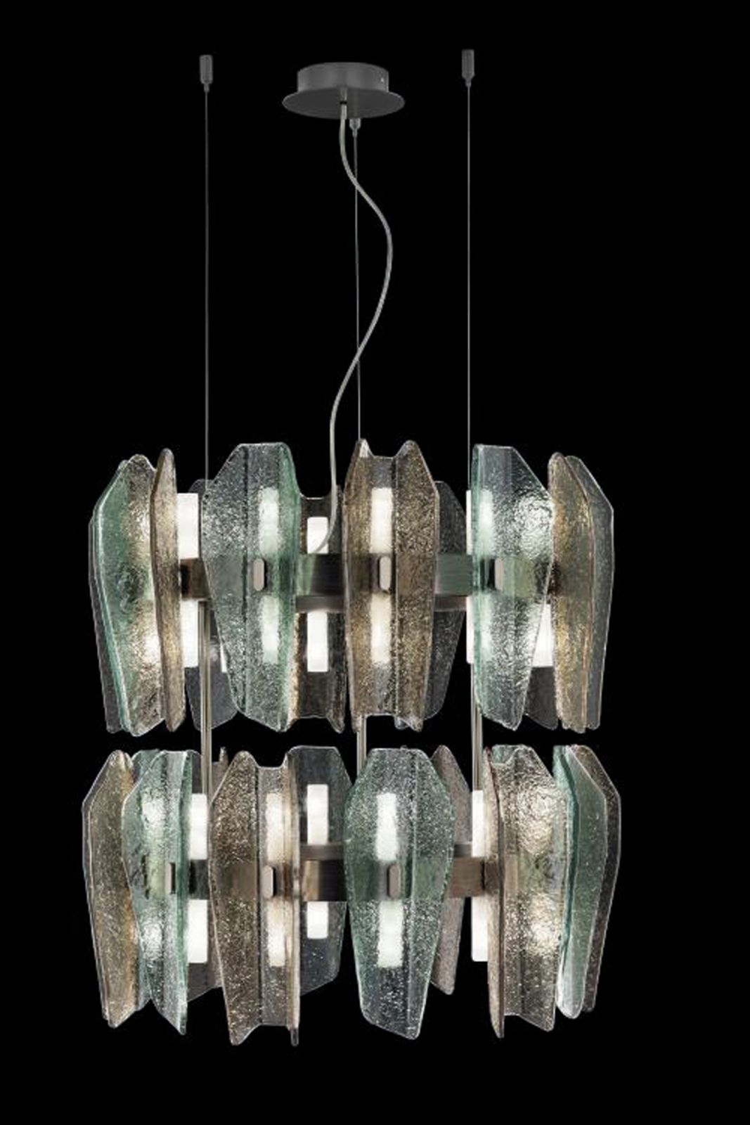 A two-tiered Punk pendant light in emerald and smoke tones
