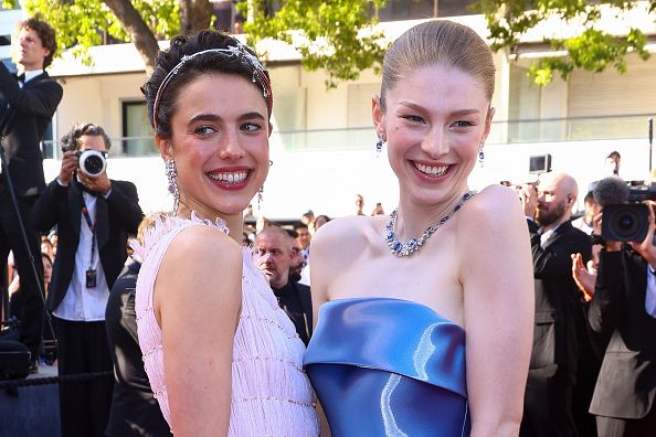 CANNES, FRANCE - MAY 17: (L-R) Margaret Qualley and Hunter Schafer attend the "Kinds Of Kindness" Red Carpet at the 77th annual Cannes Film Festival at Palais des Festivals on May 17, 2024 in Cannes, France. (Photo by Marc Piasecki/FilmMagic)