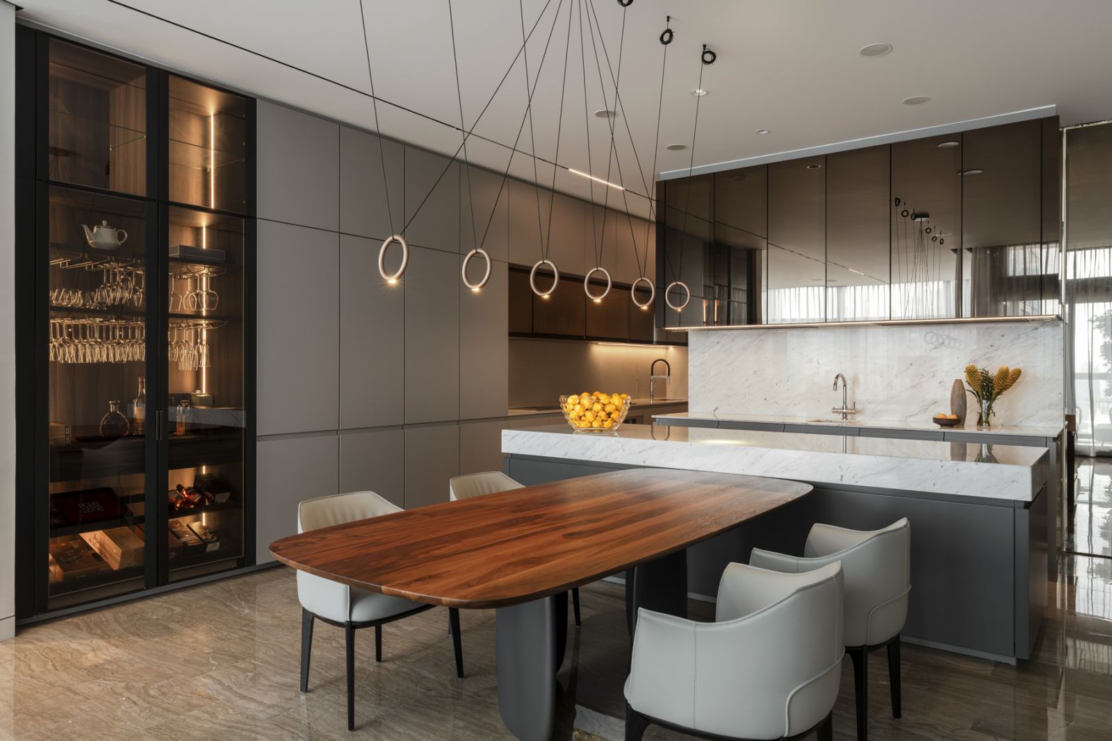 The kitchen island was extended with a table for meals
