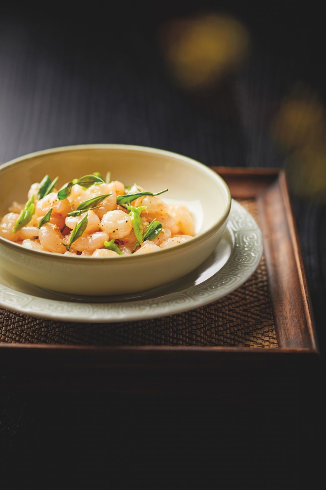 Sautéed river shrimps with Longjing tea leaf noodles at Ru Yuan