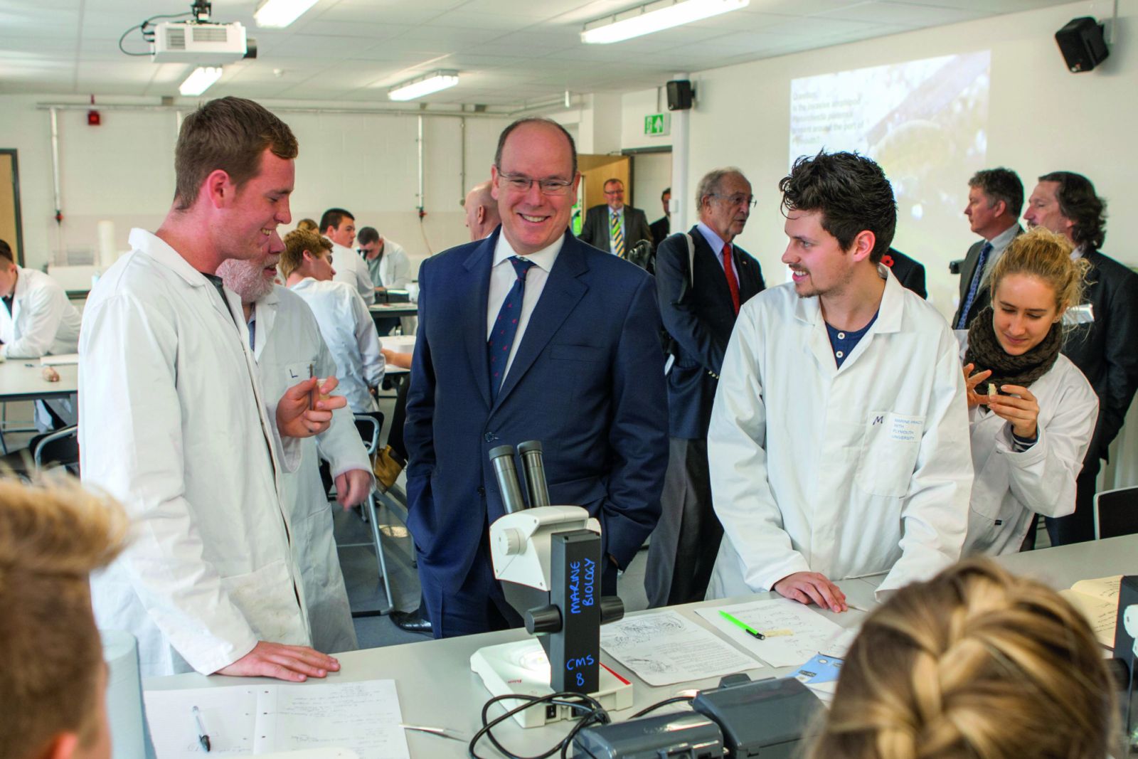 Prince Albert II (pictured centre) visiting the Marine station at the University of Plymouth in the UK