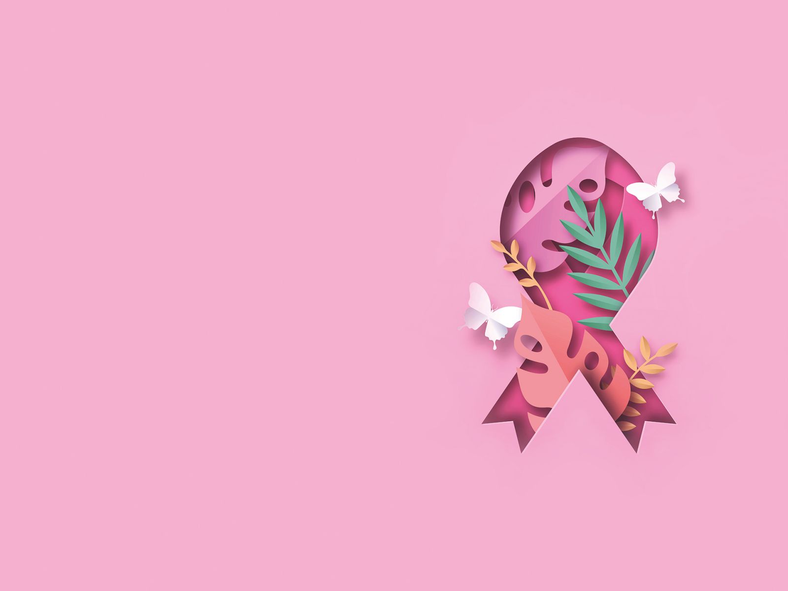 Breast Cancer Awareness illustration concept. Pink ribbon in modern 3D papercut style with tropical summer leaf decoration. Disease prevention campaign or women health care.