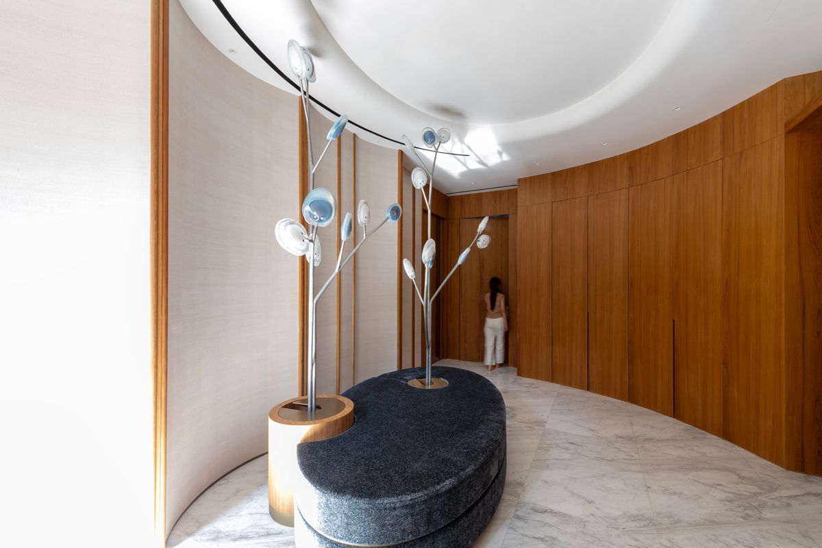 The subterranean entrance foyer's curvilinear form adds a welcoming sense