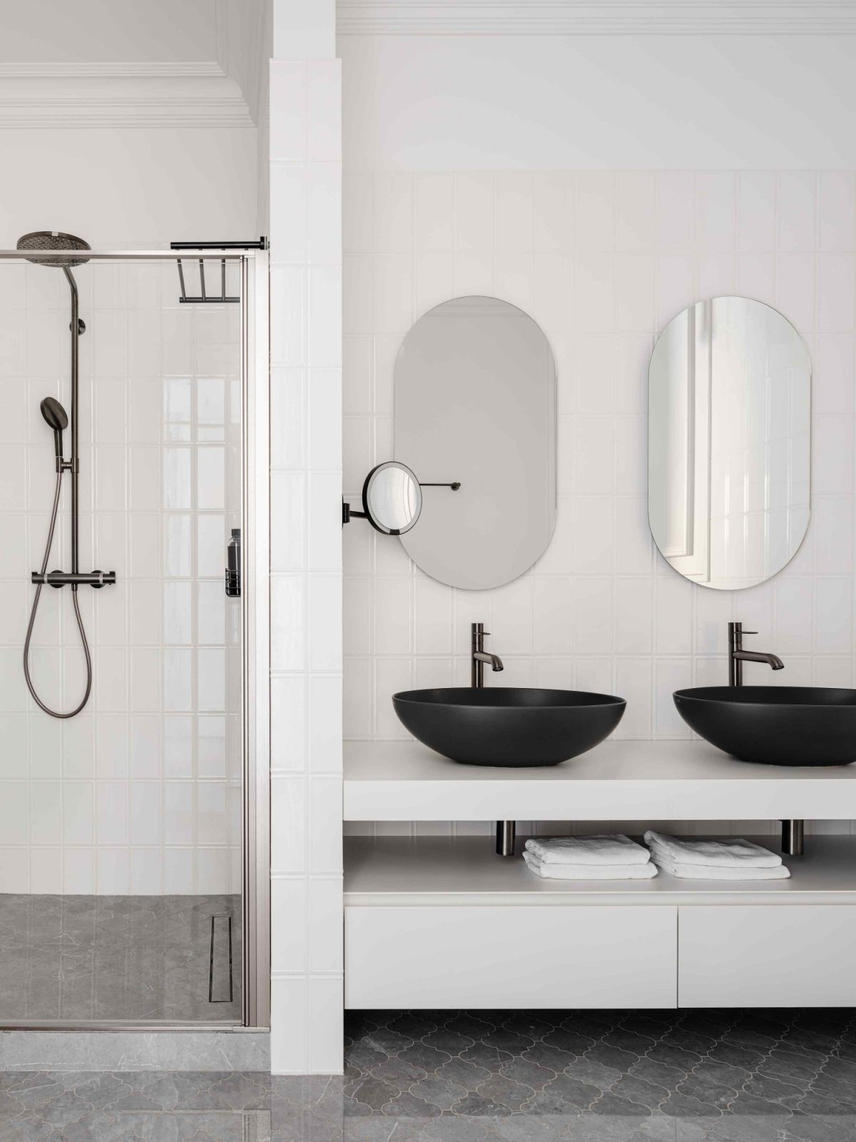 The thematic colours imbue the ensuite bathrooms