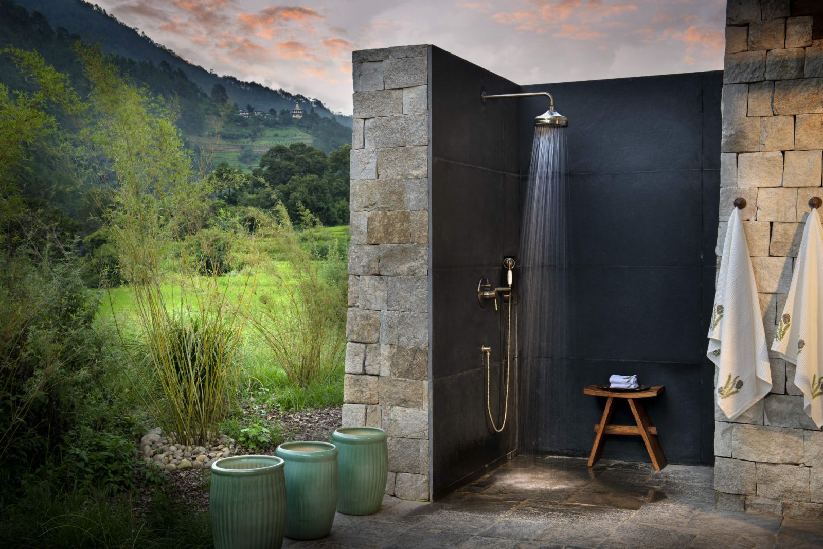 Family suite outdoor shower at andBeyond Punakha River