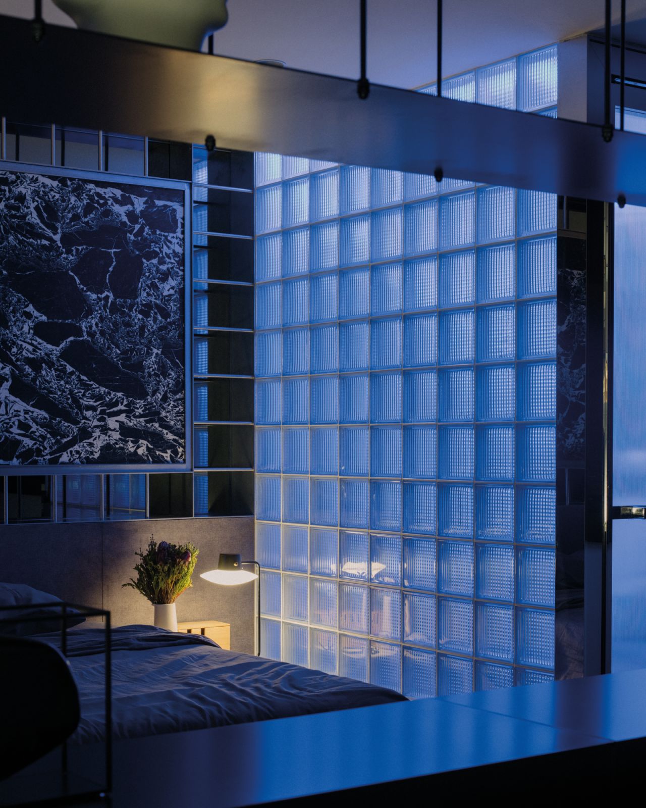 The glass-block bathed in blue light