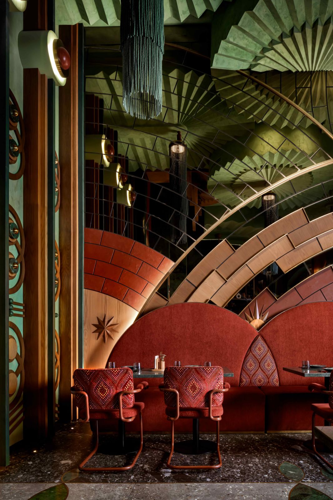 Geometric patterns create visual depth and movement