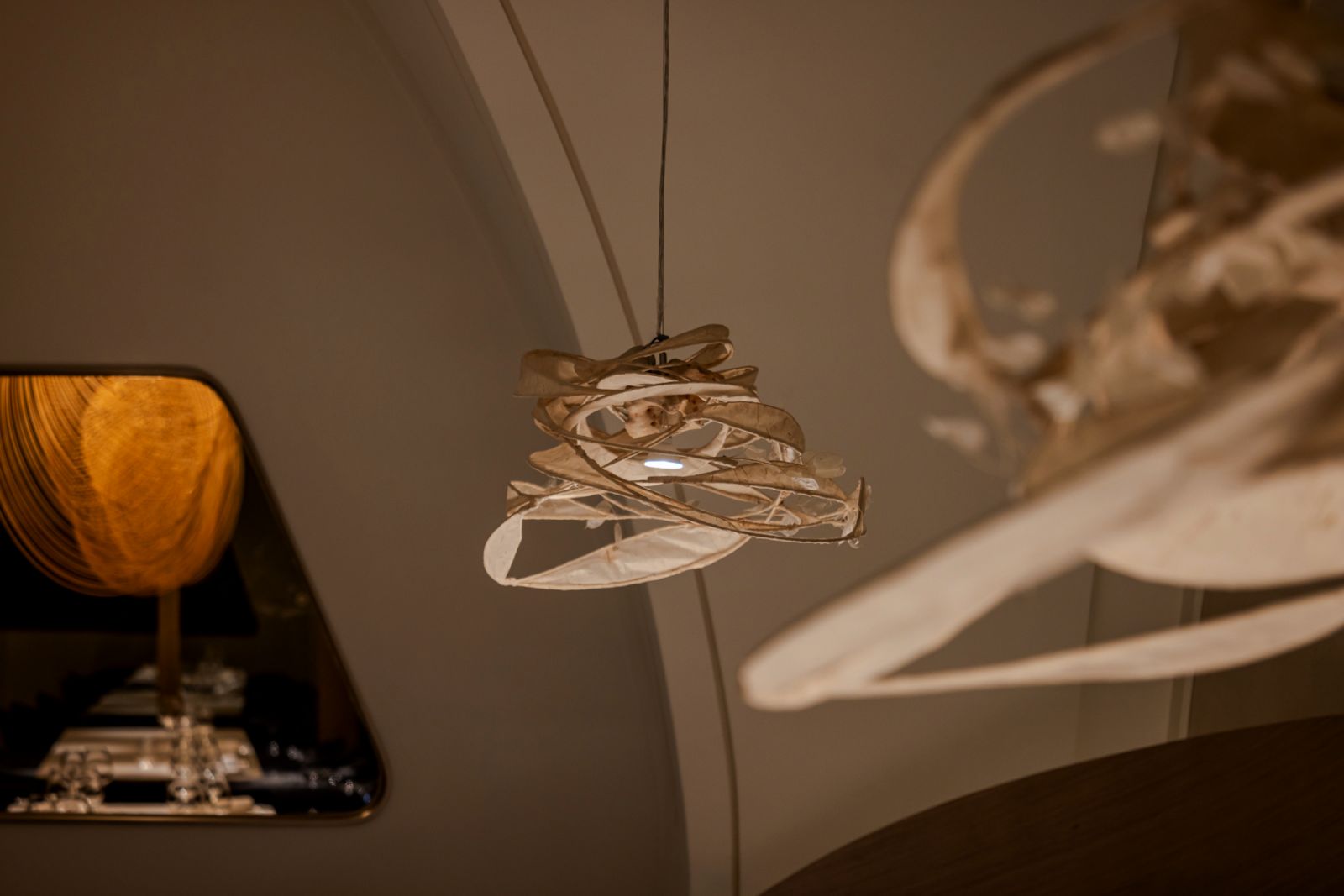 Biodegradable pendant lights hang overhead